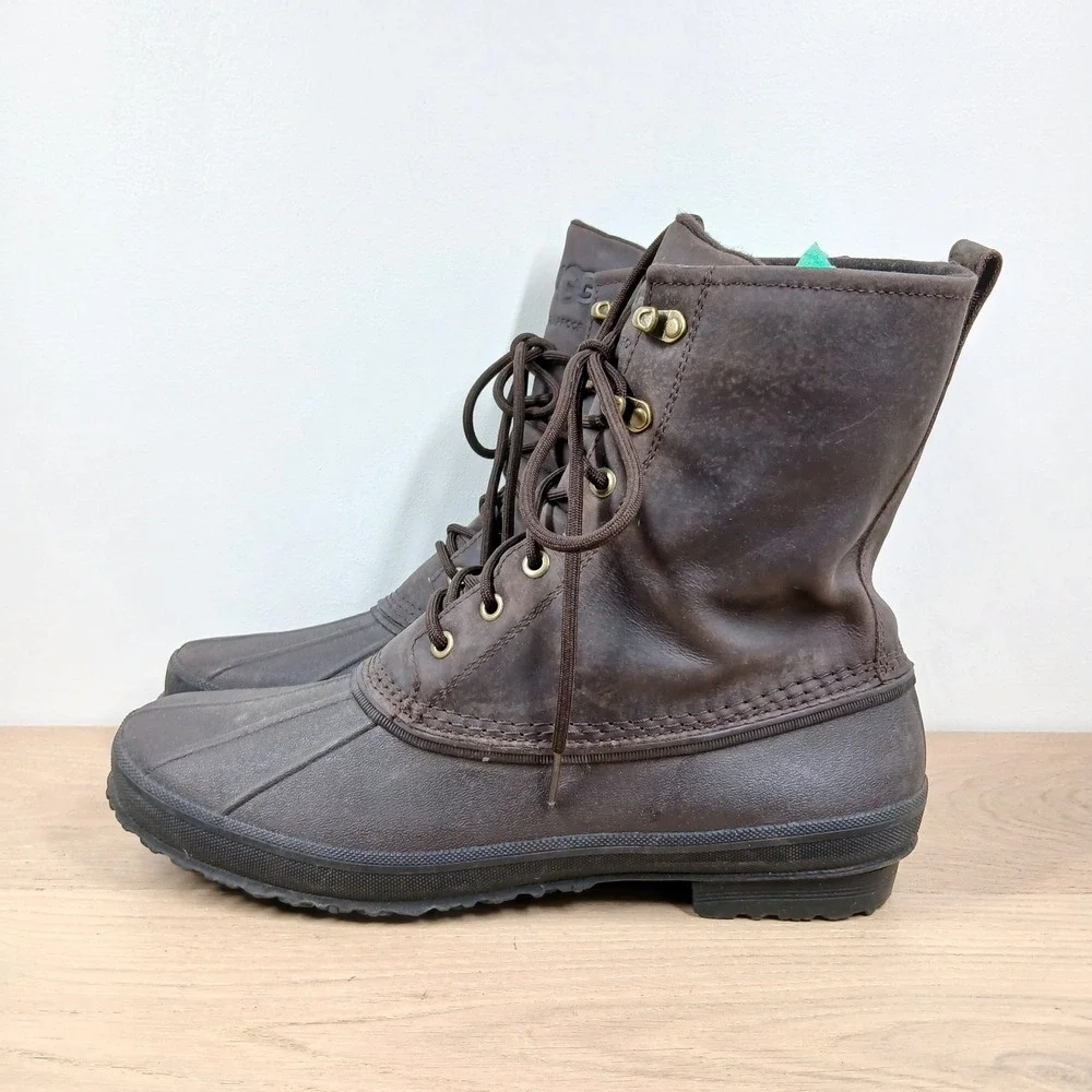 UGG Rain Snow Boots Men's 14 Brown Leather Waterproof Duck Boots Lace Up